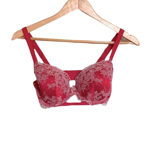 VICTORIA'S SECRET Red Lace DREAM ANGELS LINED DEMI Underwire Bra Bling Size 32DD - Picture 1 of 6